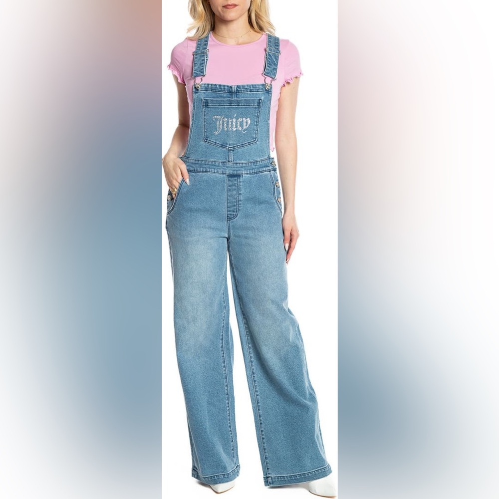 NWT Juicy Couture Wide Leg Overalls, Medium Wash Denim, Logo, Large